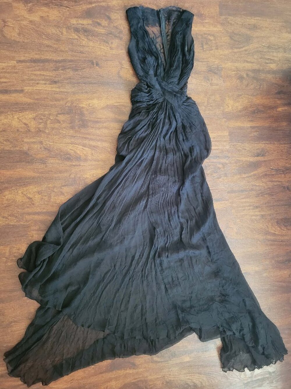 Tadashi Shoji Crepe Silk Black Floral Embroider Mesh Back Maxi Dress Whimsigoth